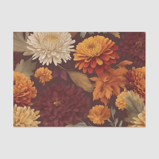 Autumn Marigolds Chrysanthemums and Asters Pattern Tissue Paper (Front)