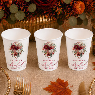 Autumn marsala floral bridal shower paper cups