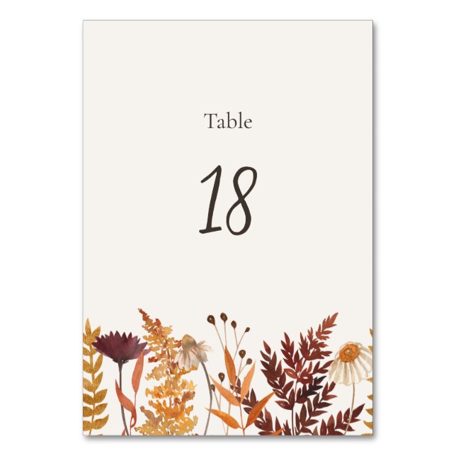 Autumn Meadow Bottom Border Wedding Table Number (Front)