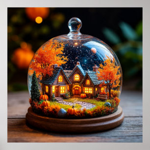 Autumn Miniature Village Glass Dome Pumpkin Cottag Poster