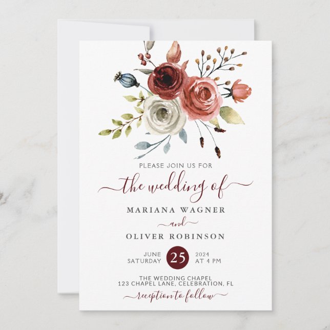 Autumn Mix Watercolor Floral Wedding Invitation (Front)