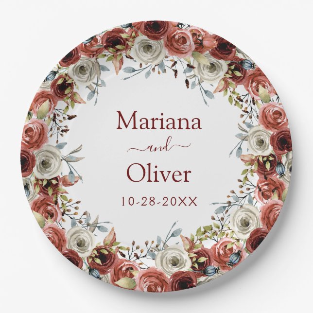 Autumn Mix Watercolor Floral Wedding Paper Plate (Front)