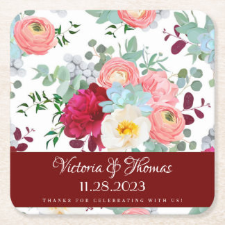 Autumn Mix Wild Rose Ranunculus Peony Wedding Square Paper Coaster