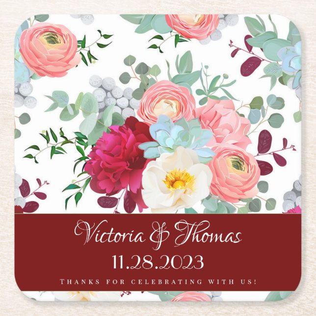 Autumn Mix Wild Rose Ranunculus Peony Wedding  Square Paper Coaster (Front)