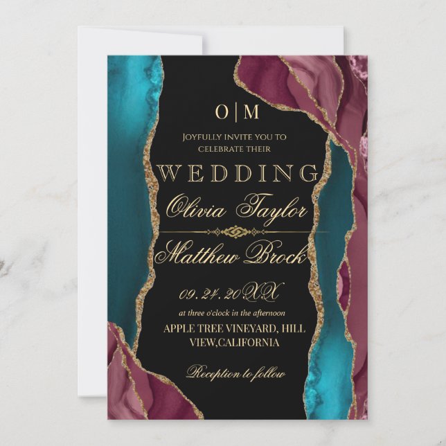 Autumn Modern red green black gold agate Wedding Invitation (Front)