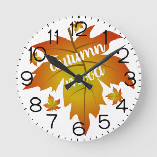 Autumn mood typography maple leaves round clock