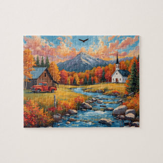 Autumn Mountain Church Red Truck Jigsaw Puzzle