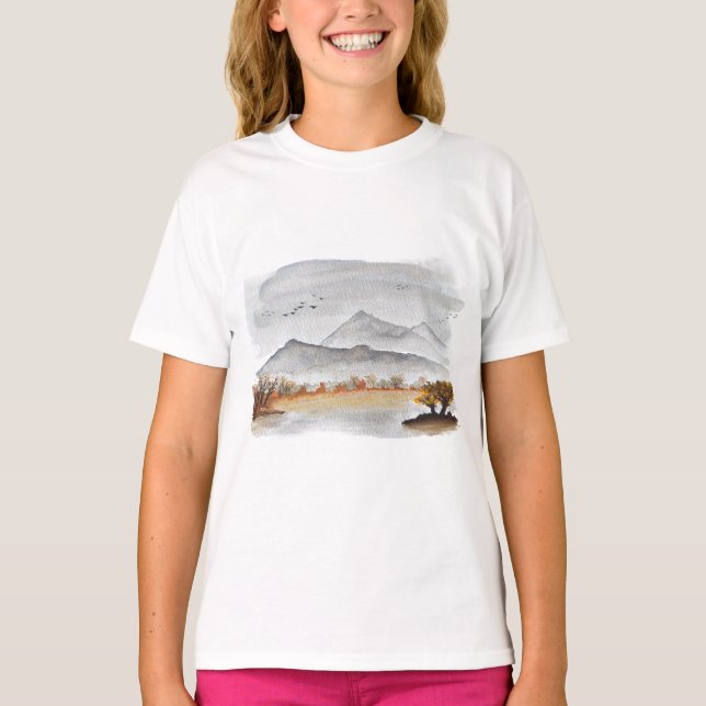 Autumn Mountain Lake Landscape Peaceful Watercolor T-Shirt (Front)