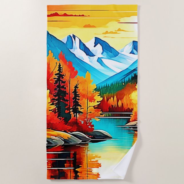 Autumn Mountain Lake Scene Beach Towel (Front)