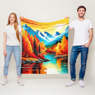 Autumn Mountain Lake Scene Fleece Blanket