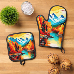 Autumn Mountain Lake Scene Oven Mitt & Pot Holder Set