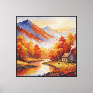 Autumn Mountain Retreat Watercolor Art Canvas Print