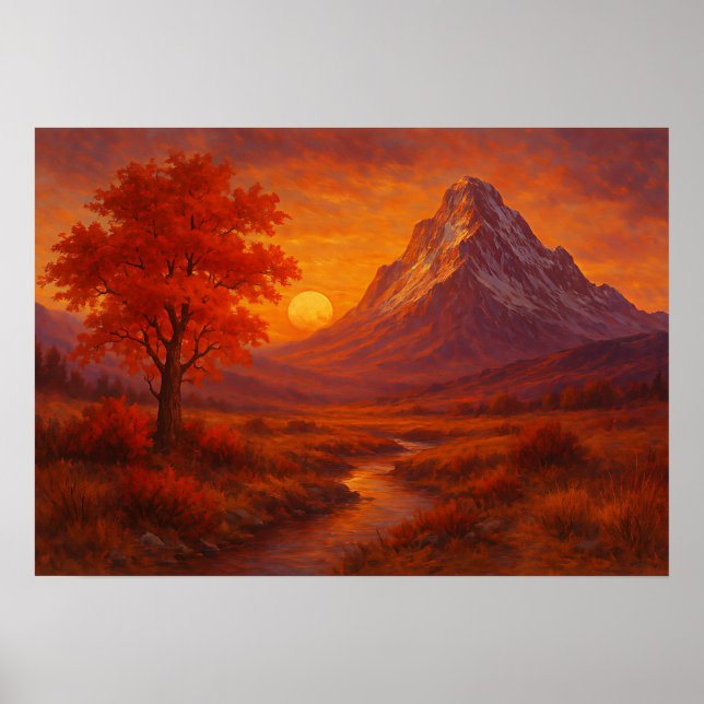 Autumn Mountain Sunset Landscape Painting Poster (Front)