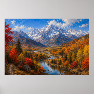 Autumn Mountain Valley Oil Painting Poster