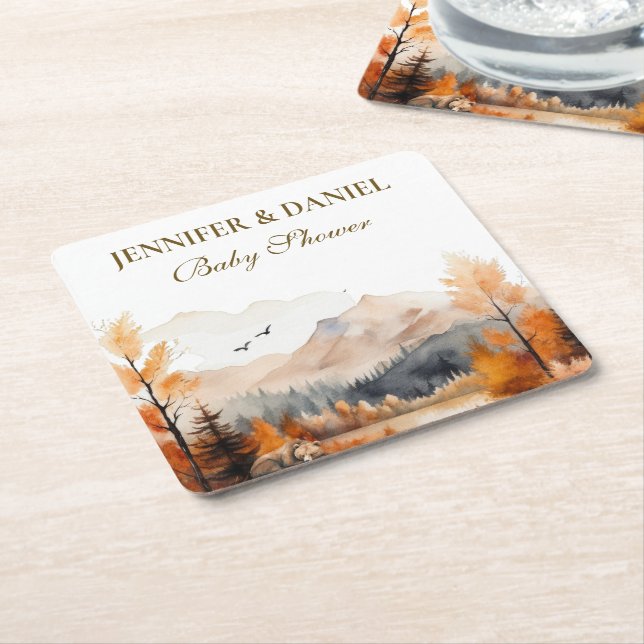 Autumn Mountain Woodland Watercolor Bear Shower Square Paper Coaster (Angled)