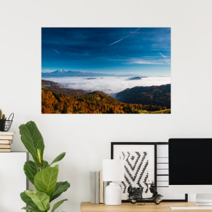 Autumn mountains and fog in the valley poster