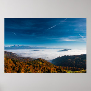 Autumn mountains and fog in the valley poster