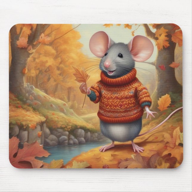 Autumn Mouse with Cosy Sweater & Leaves Mouse Pad (Front)