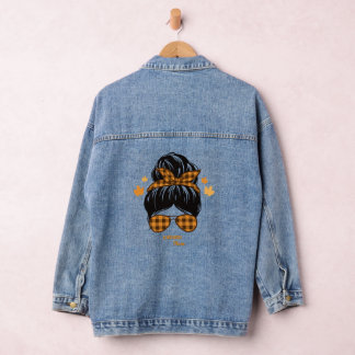 Autumn Mum Messy Bun Buffalo Plaid Sunglasses Fall Denim Jacket