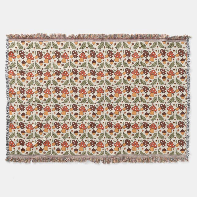 Autumn Mushroom & Acorn  Throw Blanket (Front)