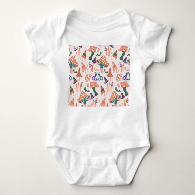 Autumn mushrooms, colourful seamless design. baby bodysuit (Front)