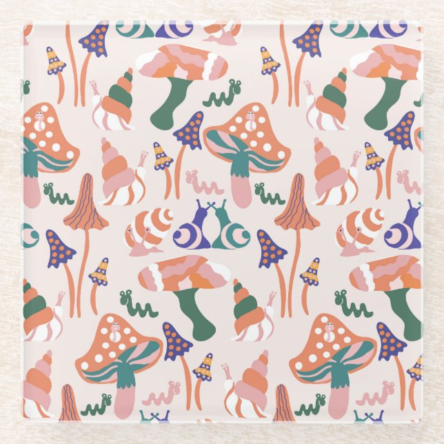 Autumn mushrooms, colourful seamless design. glass coaster (Front)