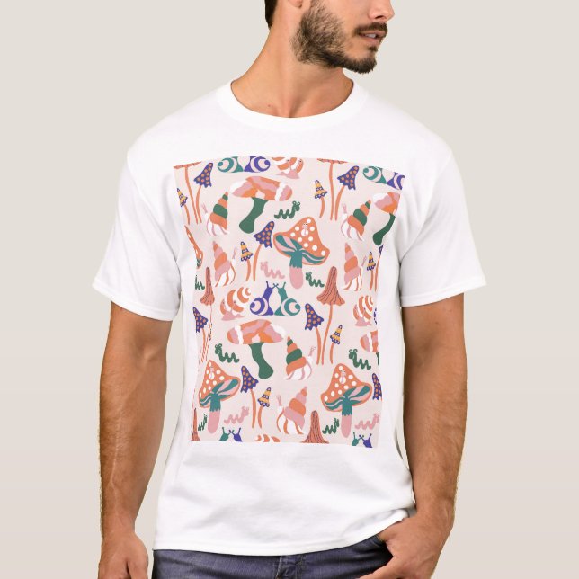 Autumn mushrooms, colourful seamless design. T-Shirt (Front)