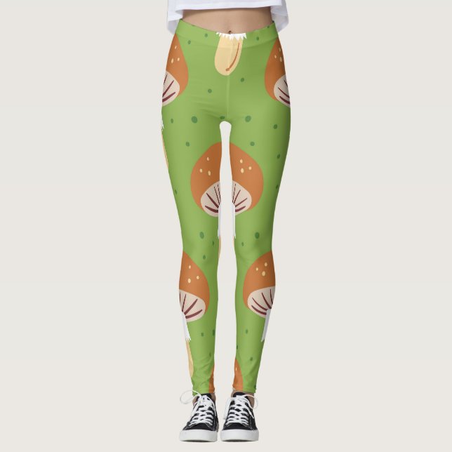 Autumn mushrooms: green seamless pattern. leggings (Front)