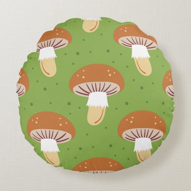 Autumn mushrooms: green seamless pattern. round cushion (Front)