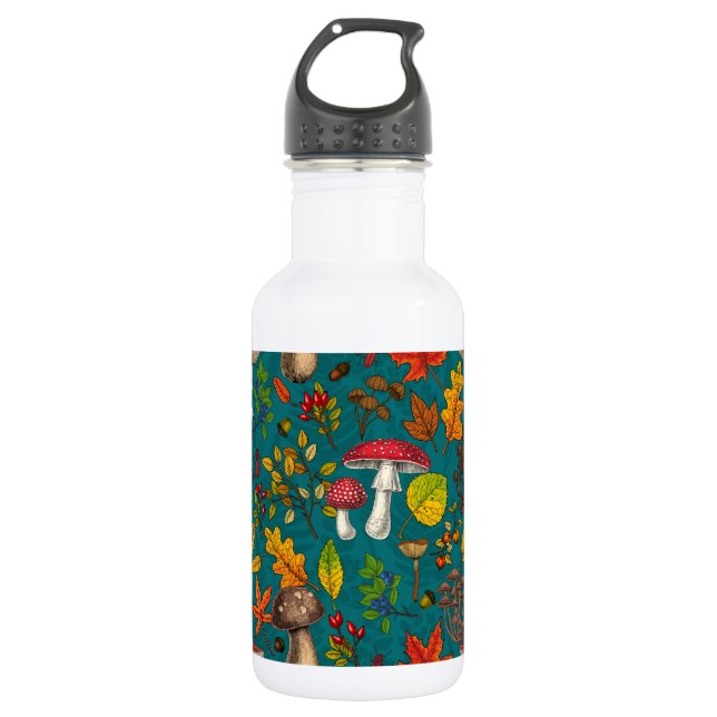 Autumn mushrooms, leaves, nuts and berries on blue 532 ml water bottle (Front)