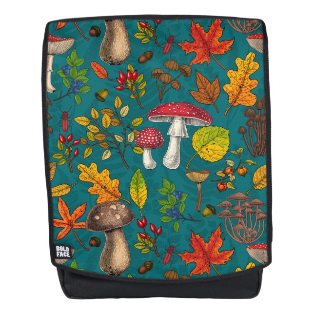 Autumn mushrooms, leaves, nuts and berries on blue backpack (Front)