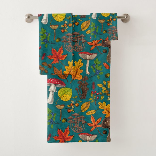Autumn mushrooms, leaves, nuts and berries on blue bath towel set (Insitu)