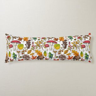 Autumn mushrooms, leaves, nuts and berries on blue body cushion