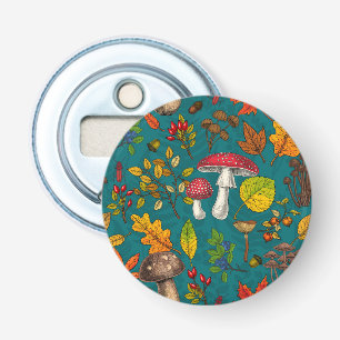 Autumn mushrooms, leaves, nuts and berries on blue bottle opener