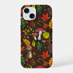 Autumn mushrooms, leaves, nuts and berries on blue iPhone 15 case