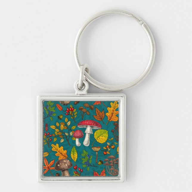 Autumn mushrooms, leaves, nuts and berries on blue key ring (Front)