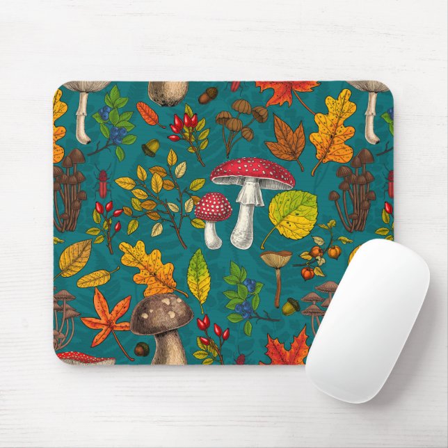 Autumn mushrooms, leaves, nuts and berries on blue mouse pad (With Mouse)