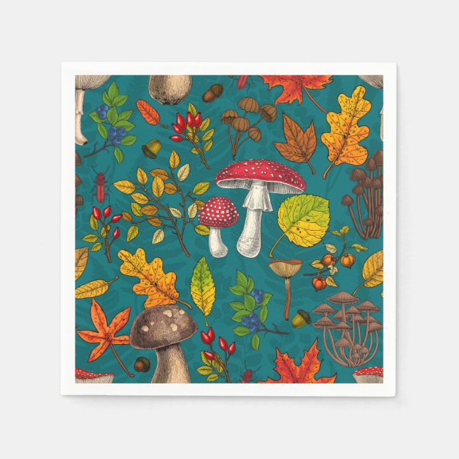 Autumn mushrooms, leaves, nuts and berries on blue napkin (Front)