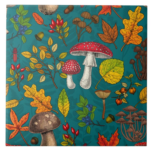 Autumn mushrooms, leaves, nuts and berries on blue tile (Front)