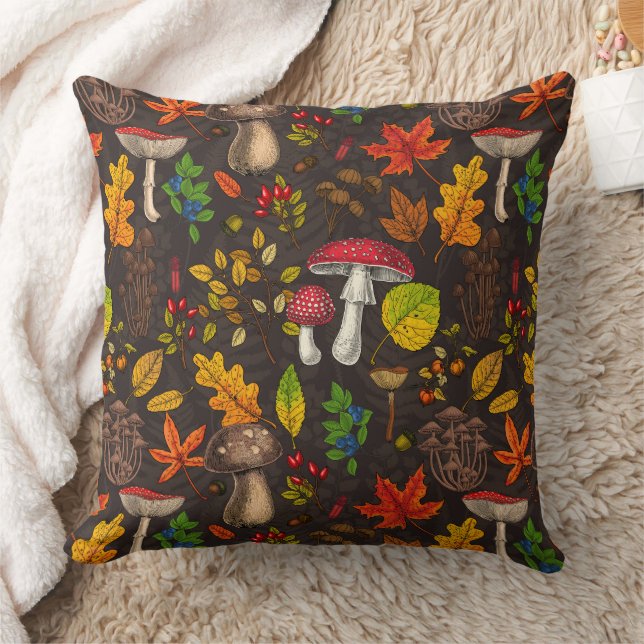 Autumn mushrooms, leaves, nuts and berries on dark cushion (Blanket)