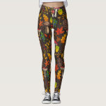 Autumn mushrooms, leaves, nuts and berries on dark leggings<br><div class="desc">Hаnd-painted vector pattern with various autumn mushrooms,  fallen leaves,  acorns,  berries and bugs</div>