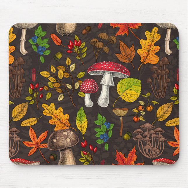 Autumn mushrooms, leaves, nuts and berries on dark mouse pad (Front)
