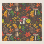 Autumn mushrooms, leaves, nuts and berries on dark scarf<br><div class="desc">Hаnd-painted vector pattern with various autumn mushrooms,  fallen leaves,  acorns,  berries and bugs</div>