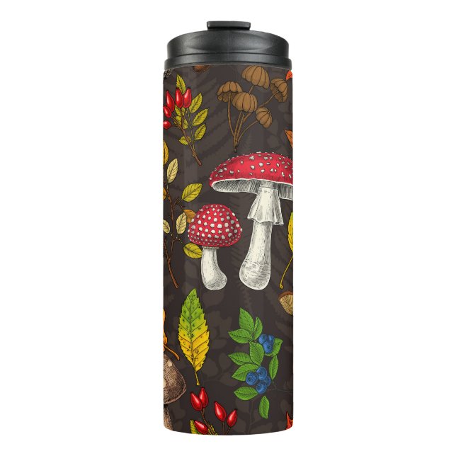 Autumn mushrooms, leaves, nuts and berries on dark thermal tumbler (Front)