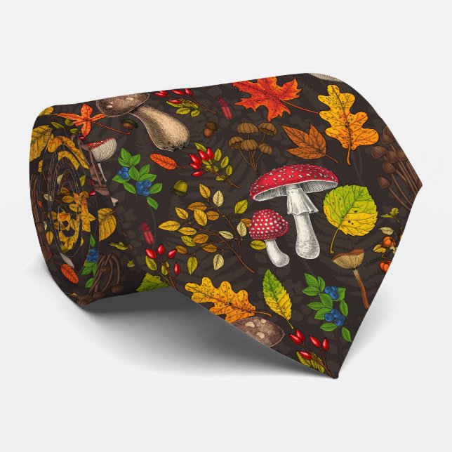 Autumn mushrooms, leaves, nuts and berries on dark tie (Rolled)
