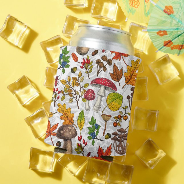 Autumn mushrooms, leaves, nuts and berries on whit can cooler (In Situ Summer)