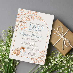 Autumn Neutral Pumpkins Dusty Blue Baby Shower Invitation