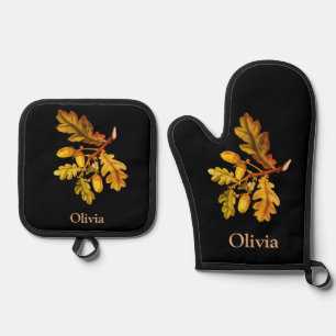 Autumn Oak Leaves and Acorns Oven Mitt & Pot Holder Set