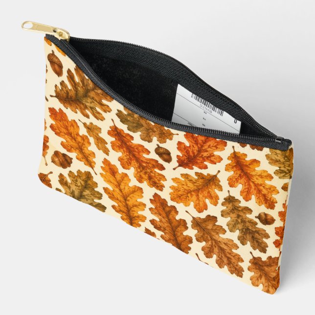 Autumn Oak Leaves Pattern | Cosy Nature Aesthetic Accessory Pouch (Open)
