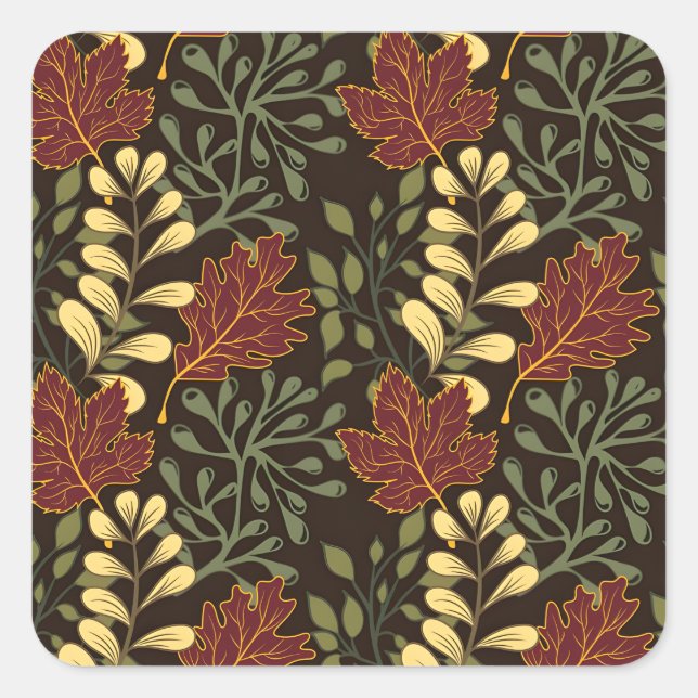 Autumn Oak Leaves Pattern in Maroon and Yellow Square Sticker (Front)